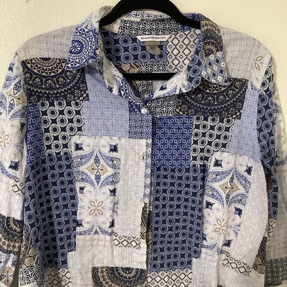Blue Patchwork Western Cowboy Prairie Cottagecore Shabby Chic Button Up Shirt 14 - Picture 2 of 8